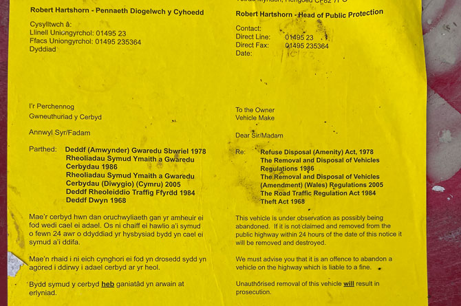 The warning letter issued by Caerphilly County Borough Council to remove the boat