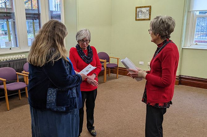 Miners' Centre volunteers Jenni Jones-Annetts and Katherine Hughes giving Welsh Government minister Julie James a tour of the centre