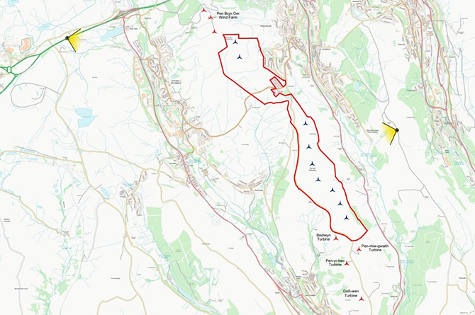 A map of the potential Mynydd Bedwellte wind farm development
