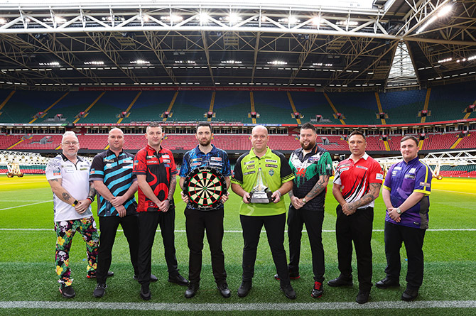 From left: Peter Wright, Rob Cross, Nathan Aspinall, Luke Humphries, Michael van Gerwen, Michael Smith, Gerwyn Price, and Luke Littler
