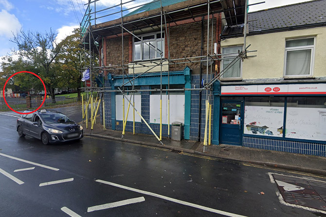 The Post Office and (circled) the new shop at 20 The Green in Abertysswg