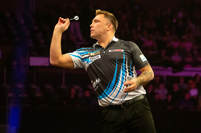 Gerwyn Price in Premier League Darts action in Brighton