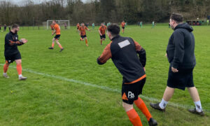 Zak Thomas celebrating after opening the scoring against Caerphilly Athletic