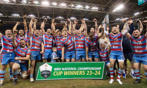 Bargoed RFC celebrating their WRU National Championship Cup victory at the Principality Stadium