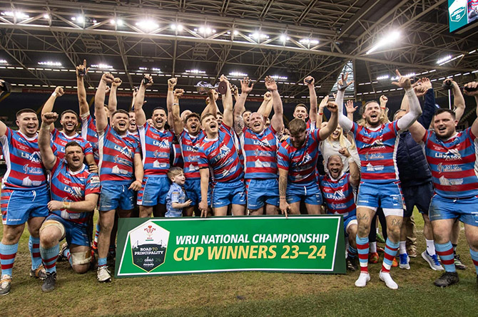 Bargoed RFC celebrating their WRU National Championship Cup victory at the Principality Stadium