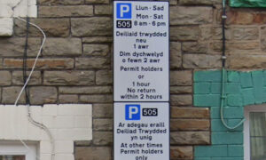 General view of parking restrictions sign in Caerphilly