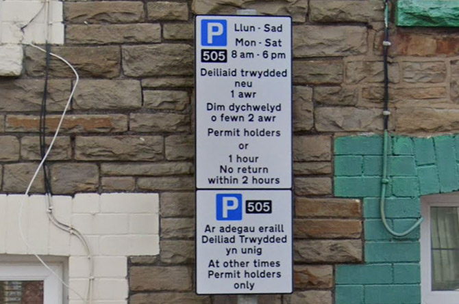 General view of parking restrictions sign in Caerphilly