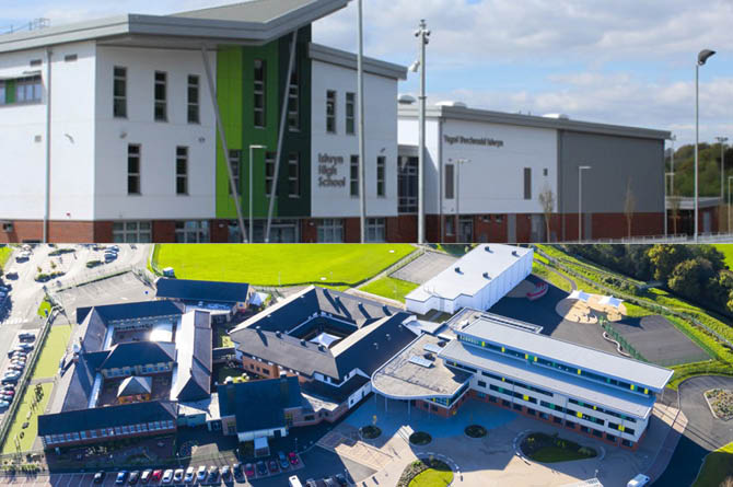 Islwyn High School, pictured above, and Ysgol Gyfun Cwm Rhymni's Y Gwyndy campus, below