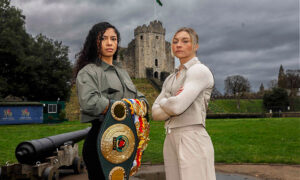 Lauren Price, right, takes on Jessica McCaskill in Cardiff on May 11