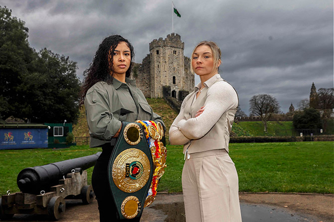 Lauren Price, right, takes on Jessica McCaskill in Cardiff on May 11