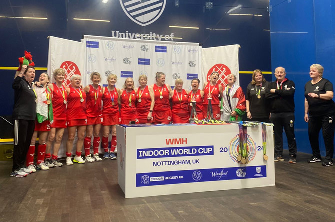 Wales Women over 60s celebrated a second place at the indoor hockey world cup