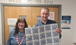 Cllr Teresa Parry and YYFM's Steven Davies with the QR codes
