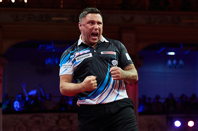 Gerwyn Price celebrating during his win over Daryl Gurney
