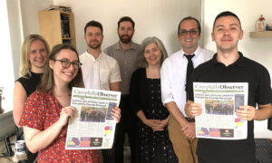 IPSO’s Elena Richards Coldicutt, Emily Houlston-Jones, with Caerphilly Observer’s Tom Hicks, Rhys Williams, Richard Gurner, and Nicholas Thomas and IPSO chief executive Charlotte Dewar, centre