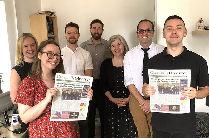 IPSO’s Elena Richards Coldicutt, Emily Houlston-Jones, with Caerphilly Observer’s Tom Hicks, Rhys Williams, Richard Gurner, and Nicholas Thomas and IPSO chief executive Charlotte Dewar, centre