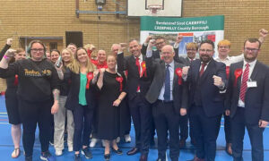Labour celebrating their victory in the Caerphilly constituency