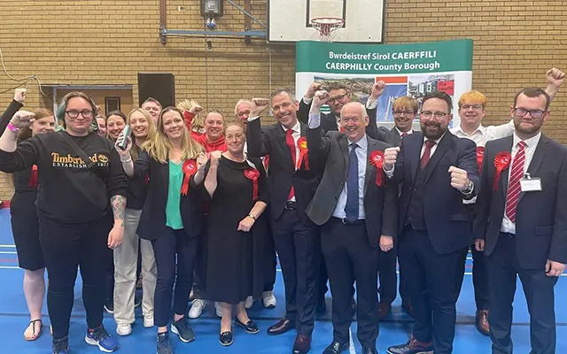 Labour celebrating their victory in the Caerphilly constituency