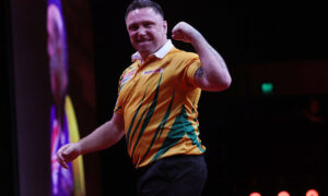 Gerwyn Price celebrating during his 8-1 win over Luke Littler