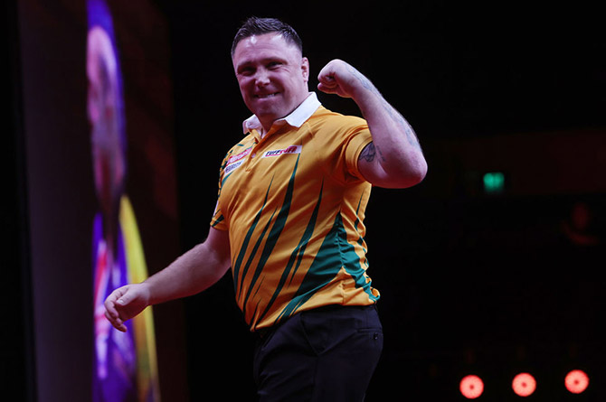Gerwyn Price celebrating during his 8-1 win over Luke Littler