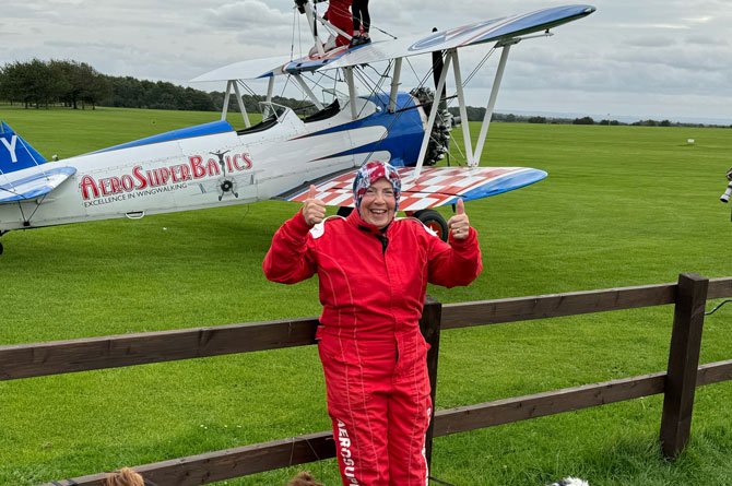 Marina Davies on her 82nd birthday preparing for her wingwalk 