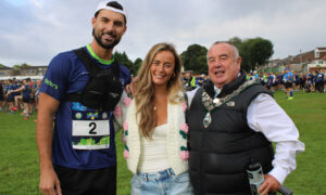 Love Island winners Liam Reardon Millie Grace Court with Caerphilly town mayor, Mike Prew