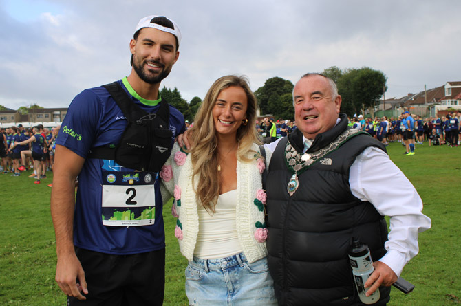 Love Island winners Liam Reardon Millie Grace Court with Caerphilly town mayor, Mike Prew