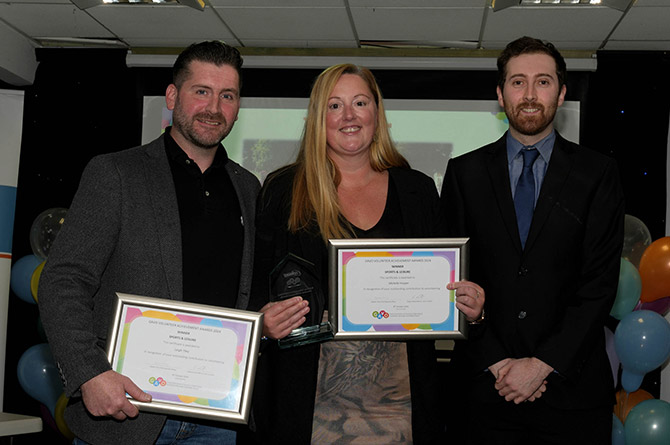 Leigh Tiley and Michelle Hooperof the Welsh Wallball Association, with Caerphilly Observer's Rhys Williams, right