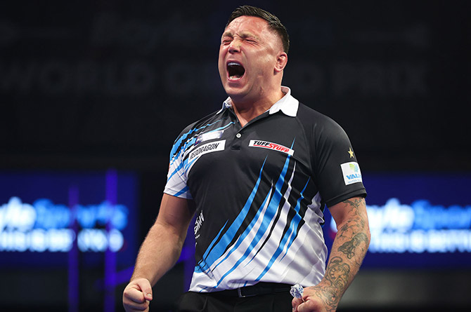 Gerwyn Price during his World Grand Prix victory over Danny Noppert