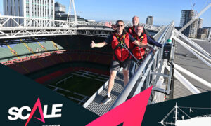 The three Rotarians on the roof of the Principality Stadium