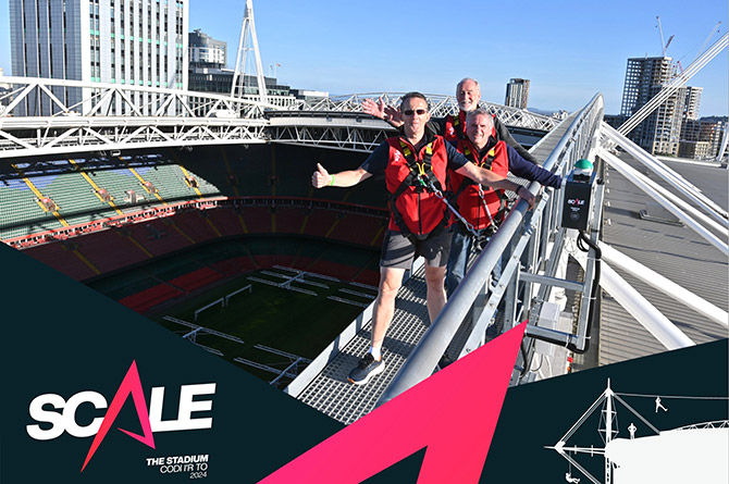 The three Rotarians on the roof of the Principality Stadium