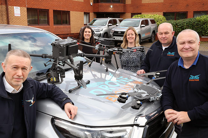From left: Clayton Earney, Foresight's Ruby Godrich, Bethan Bannister of the British Business Bank, and Drone Evolution's John Young and Toby Townrow