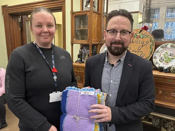 Hefin David MS with Kirstie James, community development officer at Caerphilly County Borough Council