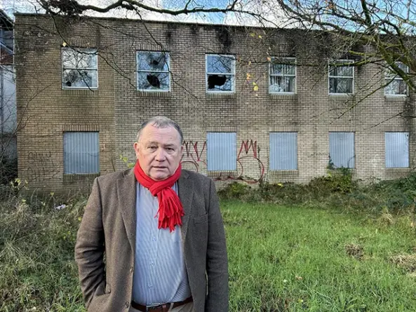 Cllr Lindsay Whittle, outside Llys Ifor, on Crescent Road, Caerphilly