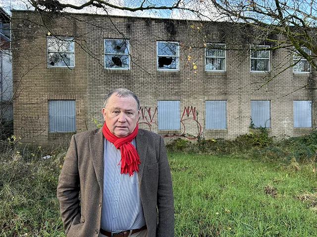 Cllr Lindsay Whittle, outside Llys Ifor, on Crescent Road, Caerphilly