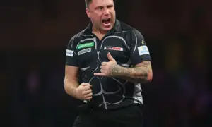 Gerwyn Price during his second round World Darts Championship win over Keane Barry