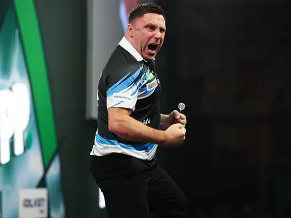 Gerwyn Price celebrating during his third round win over Joe Cullen