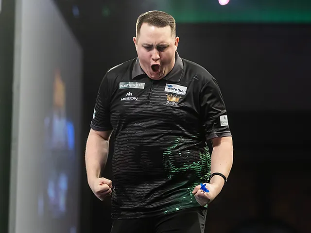 Rhys Griffin celebrating during his first round win over Karel Sedlacek