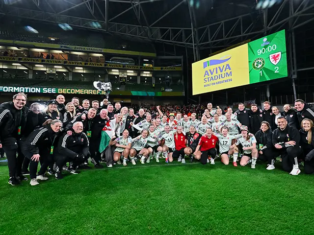 Wales celebrating their Euro 2025 qualifying play-off win over Republic of Ireland at the Aviva Stadium