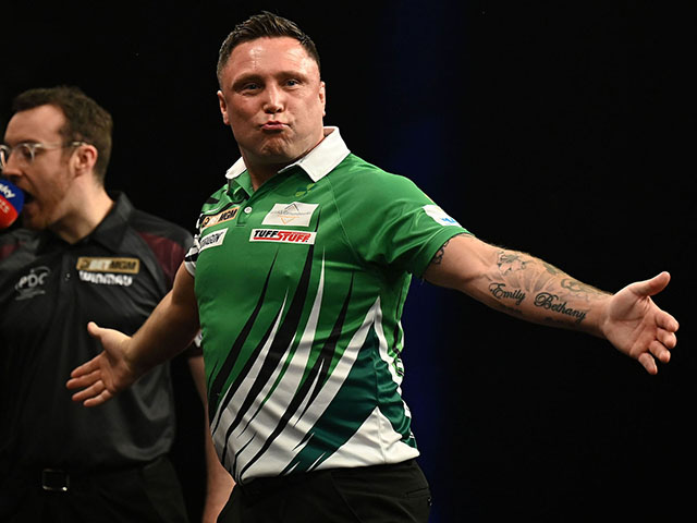 Gerwyn Price celebrating during his victory over Luke Littler