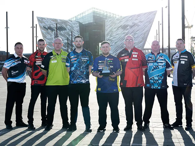 From left: Premier League Darts 2025 competitors Gerwyn Price, Nathan Aspinall, Michael Van Gerwen, Luke Humphries, Luke Littler, Stephen Bunting, Rob Cross, and Chris Dobey