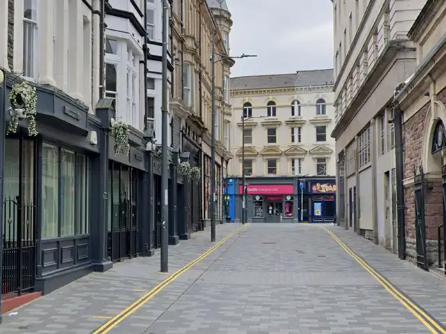 A view of Griffin Street, Newport, pictured in July 2024. The application site at 6-10 is on the ground floor at the left