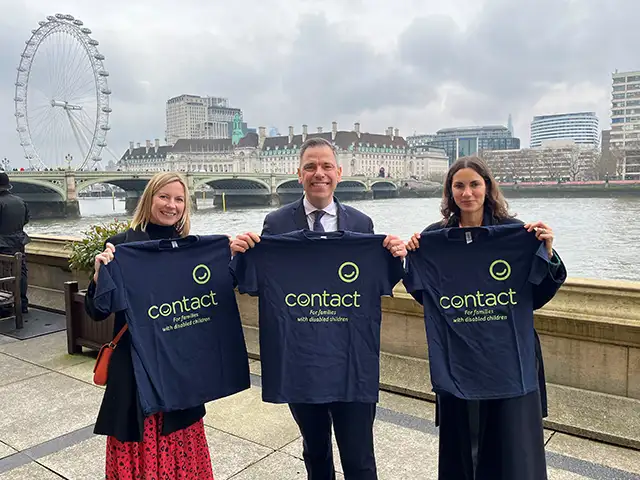 Chris Evans MP with Contact's Elaine Bennett, left, and Kaya Korablina