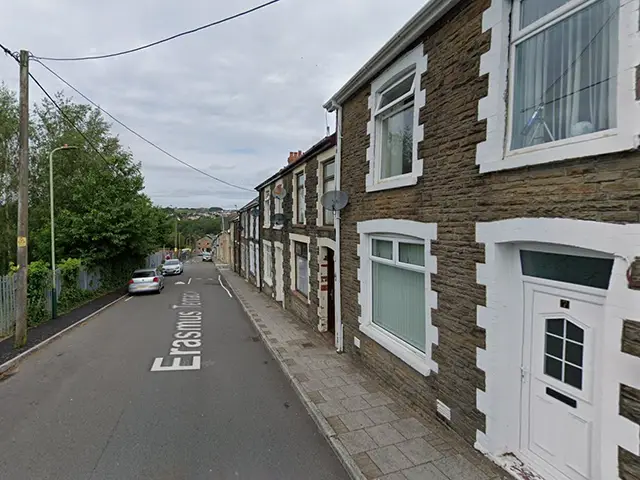 7 Erasmus Terrace (first property on right), Maesycwmmer, pictured in June 2021