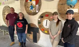 From left: Volunteers Gareth Sharp, Gillian Collins, Beth Williams, and Paula Massey at Coed y Brain's new-look outdoor classroom