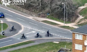 Screenshot of drone footage showing police tracking e-bikes in Newport