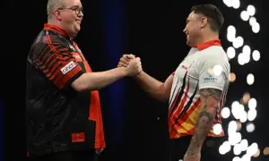 Gerwyn Price, right, and Stephen Bunting during the Berlin final