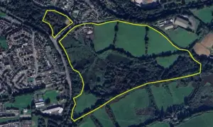 Aerial view of land near Rudry Road, Caerphilly, showing rough outline of land potentially earmarked for development in Caerphilly Council’s draft LDP proposals