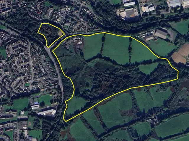 Aerial view of land near Rudry Road, Caerphilly, showing rough outline of land potentially earmarked for development in Caerphilly Council’s draft LDP proposals