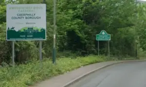 A \'Welcome to Caerphilly County Borough\' sign in Machen, pictured in May 2023. It is one of eight \'gateways\' to the borough the council hopes to improve