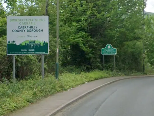 A \'Welcome to Caerphilly County Borough\' sign in Machen, pictured in May 2023. It is one of eight \'gateways\' to the borough the council hopes to improve